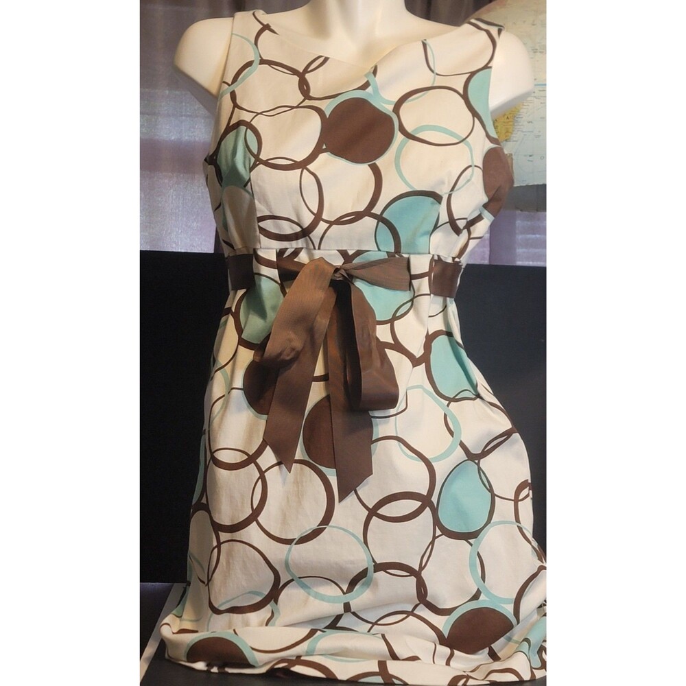 Sleeveless geometric dress by kim rogers teal & brown.